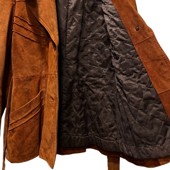 Vintage Suede Leather Jacket Burnt Orange Belted Suede Coat Size Medium 13/14 - Picture 6 of 17